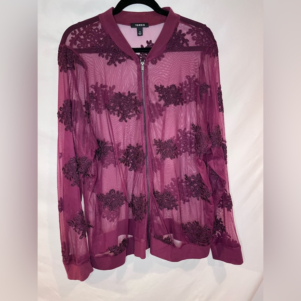 Torrid Mesh and Embroidered Lace Zip Jacket, Size 3
